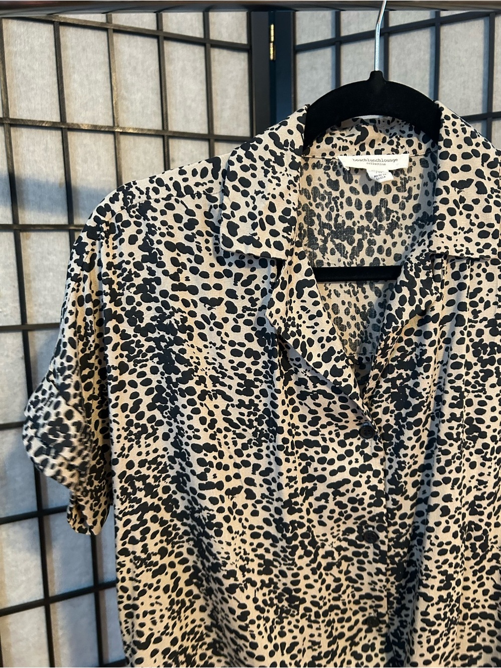 Tan and Black Dotted Short Sleeve Button Up Shirt with Knotted Waist Size XS